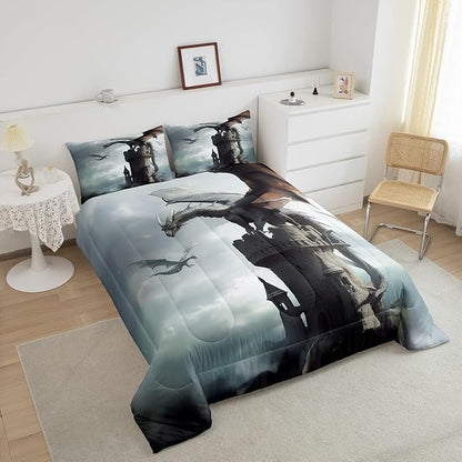 Flying Dragon Comforter Set Full Size,Grey Sky Vintage Old Castle Printed Bedding Set for Kids Boys Girls Room Decor,3D Wild Animal Theme Duvet Insert 3Pcs,Retro Microfiber Quilt Set,2 Pillowcases