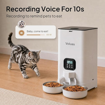 VOLUAS Automatic Cat Feeder for Two Cats with Dual Stainless Bowls, 6L | Programmable Portion Control, Timed Feeding, Memory Function, Dual Stainless Steel Bowls, 10-Second Voice Recorder