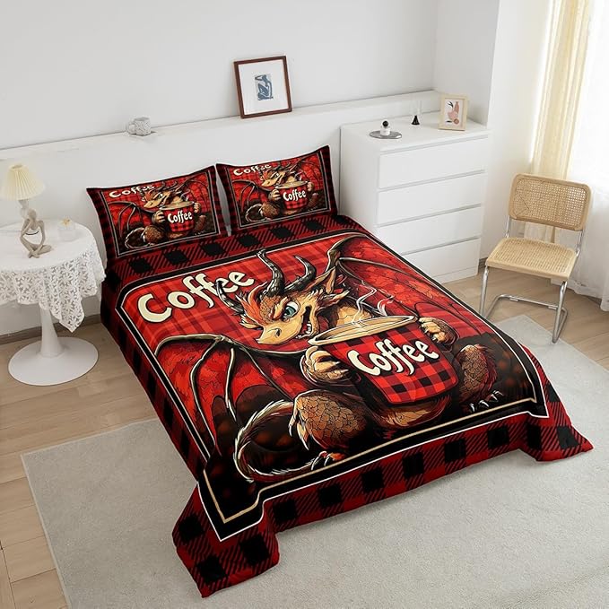 Feelyou Dragon Comforter Set Twin Size Dragon Stuff Comforter for Boys Girls Teens Coffee Bedding Set Dragon Decor Duvet Set Room Decor Red Brown Quilt Set