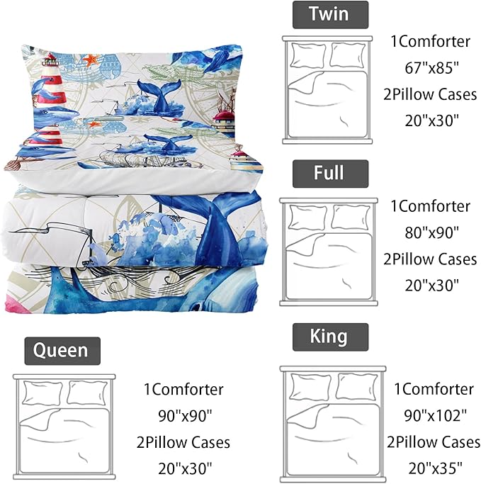 Nautical Whale Comforter Set King,Blue Whale Ocean Lighthouse 3 Pieces Bedding Set for Kids Boys Teens,Vintage Nautical Map Microfiber Lightweight Quilt Bedroom Decor with 2 Pillow Cases