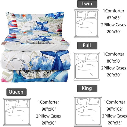 Nautical Whale Comforter Set King,Blue Whale Ocean Lighthouse 3 Pieces Bedding Set for Kids Boys Teens,Vintage Nautical Map Microfiber Lightweight Quilt Bedroom Decor with 2 Pillow Cases
