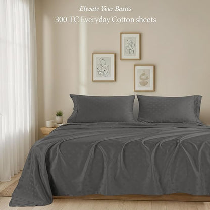 Threadmill Cotton Twin Sheet Set | 100% Cotton Sheets for Twin Size Bed | Damask Jacquard Sateen Twin Bed Sheets Set with 16” Deep Pocket | Soft Breathable 3-Piece Cooling Sheet Set | Dark Grey
