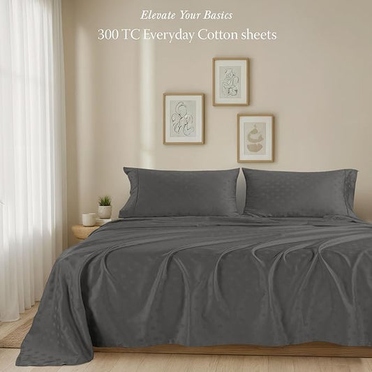 Threadmill Cotton Twin Sheet Set | 100% Cotton Sheets for Twin Size Bed | Damask Jacquard Sateen Twin Bed Sheets Set with 16” Deep Pocket | Soft Breathable 3-Piece Cooling Sheet Set | Dark Grey
