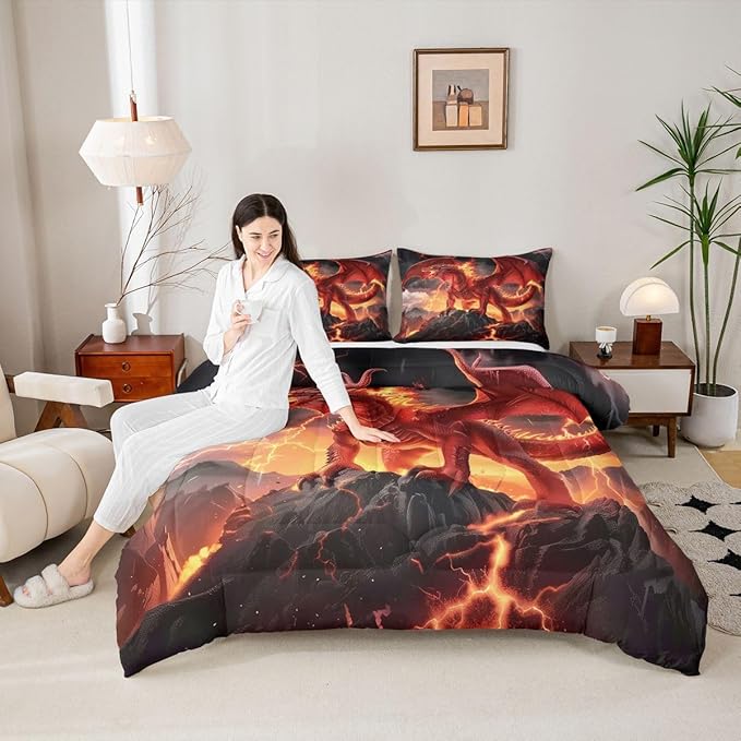Castle Fairy Wild Animals Cool Magical Style Boys Girls Comforter Set Full Size,Dragon Duvet Set Teens Bedroom Decor,Red Flame Dragons Microfiber Soft Bedding 3PCS