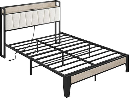 LIKIMIO Full Bed Frames, Bouclé Storage Headboard with Charging Station, Solid and Stable, Noise Free, No Box Spring Needed, Easy Assembly