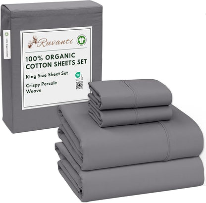 RUVANTI 100% Organic Cotton Sheets King Size, Percale Weave, GOTS Certified, 4-Piece Set, Deep Pocket 15", Crisp & Breathable, Soft Durable Bedding, Sábanas Algodón Orgánico – Silver Filigree