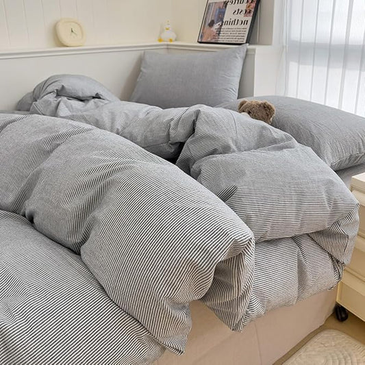 VM VOUGEMARKET Washed Cotton Grey Striped Duvet Cover Set King,Pinstripes Duvet Cover with 2 Pillowcases Modern Simple Farmhouse Style Bedding Set-Vertical Stripes