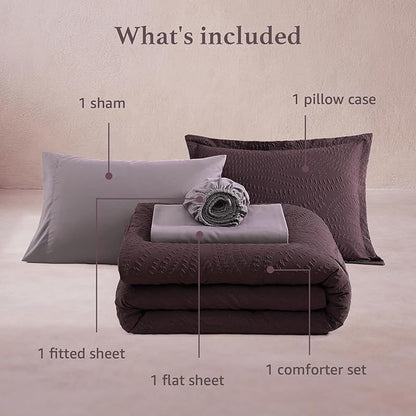 Geniospin Twin Comforter Set - 5 Pieces Purple Bedding Set, Botanical Textured Comforter Set, All Season Comfortable Bed in a Bag with Comforter, Sheets, Pillowcase & Sham