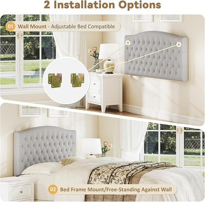 Queen Headboard Only, Velvet Classic Tufted Design, Light Gray | 2 installation options: 1.bed frame mount 2.wall mount (for adjustable bed), Classic hand-tufted headboard king size