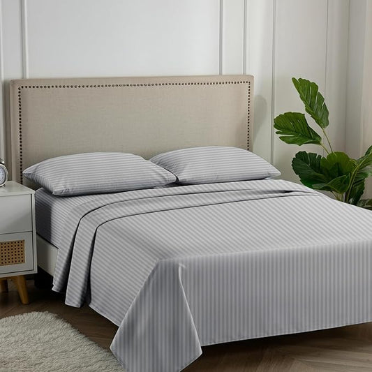 Carressa Linen Luxury Egyptian Cotton Full Stripe Sheet Set, 600 Thread Count Extra Long Staple 4 PC Set, Full Damask Sheets, Soft, Cooling Sateen Weave Striped Sheets Upto 18" Deep Pocket - Silver