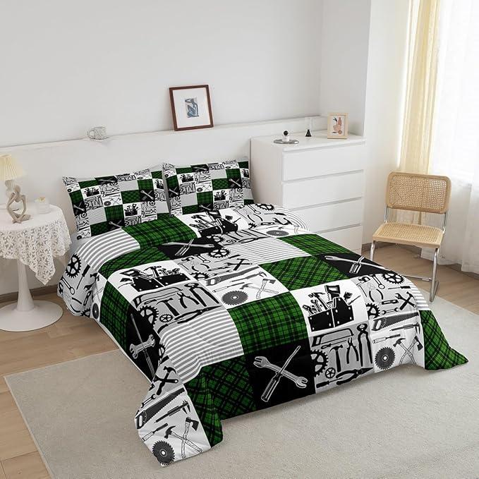 Kids Boys Car Comforter Set Farmhouse Gingham Check Bedding Set Wrench Repair Outfit Bedding Home Decor Green Black Comforter Full Size 3 Pieces Quilted Duvet Set with 2 Pillowcase