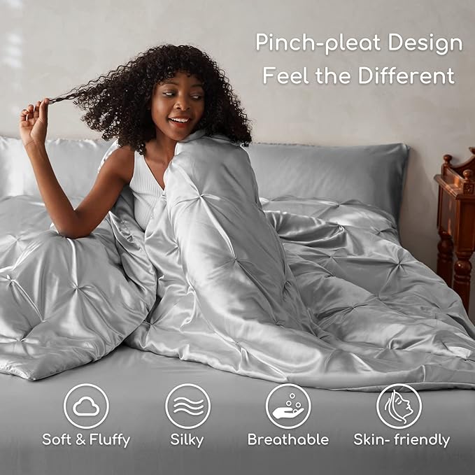 MR&HM Satin Comforter Twin XL 5 Pieces - Luxurious Pinch Pleat Bedding Set with Comforter, Flat Sheet, Fitted Sheet, Pillowcase & Sham, Super Silky Soft Bed Set for All Season (Twin XL, Silver Grey)