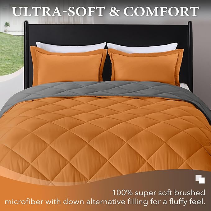 downluxe Queen Comforter Set - Burnt Orange and Grey Queen Comforter, Soft Bedding Sets for All Seasons -3 Pieces - 1 Comforter (88"x92") and 2 Pillow Shams(20"x26")