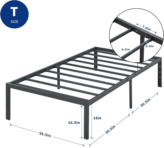 Olee Sleep 18 Inch Heavy Duty Steel Slat Anti-Slip Support, Easy Assembly Platform Bed Frame, Noise Free Steel Mattress Foundation, Maximum Storage, No Box Spring Needed, Black, Twin Size