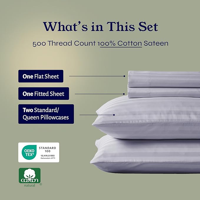 California Design Den - Deep Pocket Full Size Sheets Set Soft 100% Cotton Sheets with Snug Fit Elastic, 500 Thread Count Sateen, Damask Stripe Bedsheet Set (Stripe - Lavender)