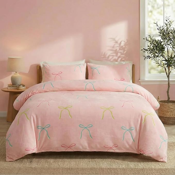 Bedbay Pink Bow Comforter Set Queen Size Warm Fluffy Fleece Bedding Set Cute Bowknot Teen Girls Ultra Soft Plush Velvet Comforter Queen Bed Set Sweet Bow Tie Dreamy Princess Style Bedding 3 Pcs