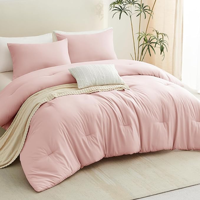 CozyLux Queen Comforter Set Blush Pink, 3 Pieces Solid Comforters Queen Size Breathable Bedding Sets, Luxury Soft Lightweight Bed Set with Down Alternative Comforter and 2 Pillowcases for All Seasons