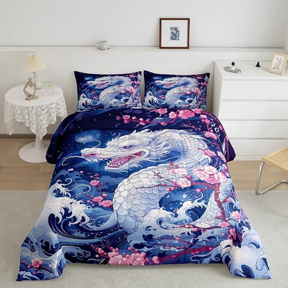 Dragon Comforter Set Queen Size,Japanese Style Pink Cherry Blossom Bedding Set 3Pcs,Kids Girls Boys Teens Bedroom Decor,Blue Sea Waves Quilt Set Magical Wild Animals Duvet Insert,2 Pillowcases