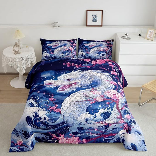 Dragon Comforter Set Queen Size,Japanese Style Pink Cherry Blossom Bedding Set 3Pcs,Kids Girls Boys Teens Bedroom Decor,Blue Sea Waves Quilt Set Magical Wild Animals Duvet Insert,2 Pillowcases