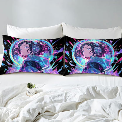 3D Anime Girl Bed Sheets American Street Culture Fitted Sheet Queen for Teens Youth Girls Watercolor Graffiti Style Bedding Set Galaxy Stars Print Sheets with 2 Pillow Cases, No Flat Sheet