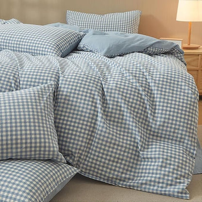 Nayoroom Blue Gingham Duvet Cover Queen Size 100% Washed Cotton Duvet Cover 3 Pieces Soft Breathable Yarn-Dyed Plaid Checkered Girls Dorm Bedding Set for All Seasons