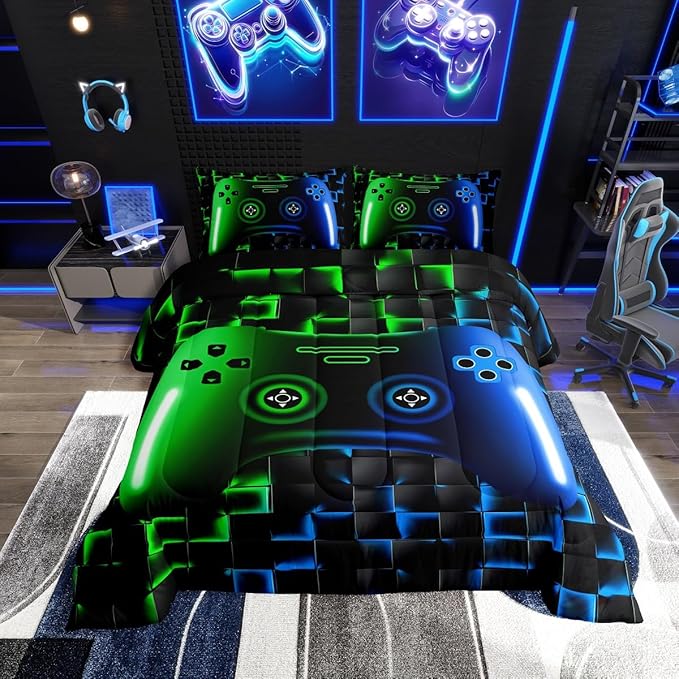 Erosebridal Gaming Comforter Sets for Boys,King Size Bedding Sets for Boys Girls Kids 3D Gamer Geometric Comforter,Game Console Lightweight Microfiber Duvet Quilt,Neon Green Blue Black Glowing