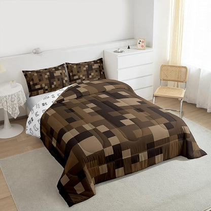 Pixelated Comforter Set Full Size,Grid Army Camo Pixel Games Kids Bedding Set,Cartoon Gamepad Video Games Quilt Comforter,Brown Duvet Insert,2 Pillowcases
