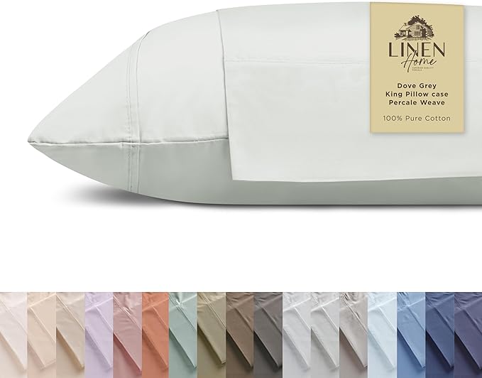 Linen Home 100% Cotton Percale Pillowcases King Size, Dove Grey, 2 Pieces of Pillow Case, Crisp and Cool Strong Bed Linen, 20 inches X 40 inches