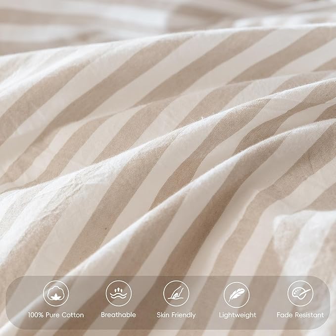 MooMee Bedding Pillowcases Striped Pack of 2 100% Washed Cotton Linen Like Textured Breathable Durable Soft Comfy (Tannish Linen Grey White Classic Stripes, King)