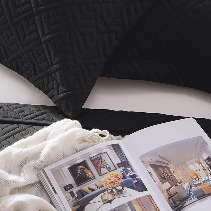 EXQ Home Quilt Set Twin Size Black 2 Piece,Lightweight Soft Coverlet Modern Style Squares Pattern Bedspread Set for All Season(1 Quilt,1 Pillow Shams)