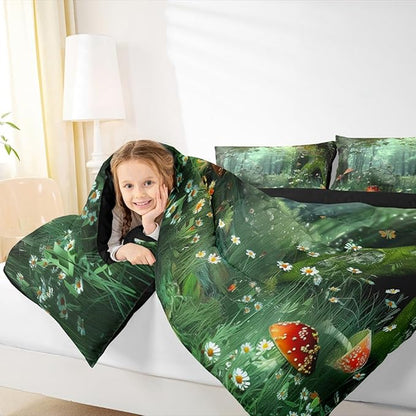 Erosebridal Magical Comforter Set King Size, Mushroom Bedding Set for Girls Women Kids Teens, Daisy Leaves Branches Sunset Nature Duvet Insert, Cute Style Soft Warm Quilted Duvet Bedroom Decor, Green