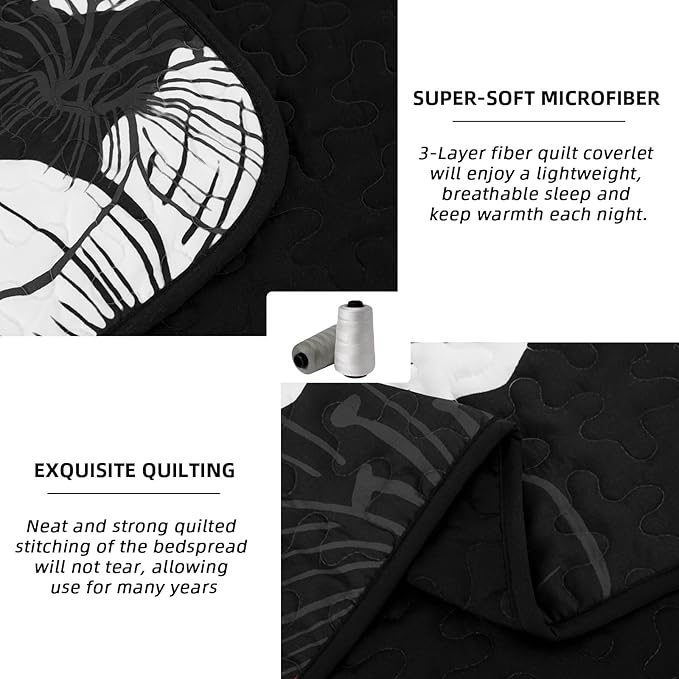 DJY 3 Pieces Quilt Set Queen Red Floral Pattern Quilt Coverlet Set Elegant Boho Bedspread with 2 Pillow Shams Lightweight Microfiber Bedding Quilt Set for All Season (Black, 90"x96")