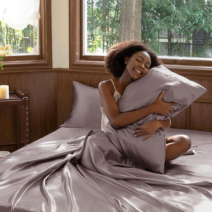 CozyLux Satin Sheets King Size Sheet Set - 4 Piece Silky King Sheets, Luxury Dusty Purple King Bed Set with Smooth and Soft Microfiber, Includes 1 Fitted Sheet, 1 Flat Sheet and 2 Pillowcases