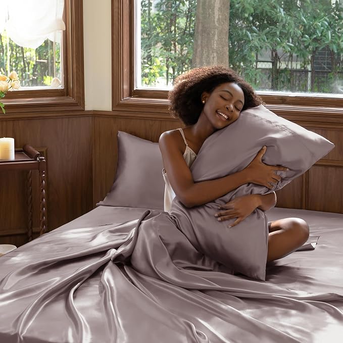 CozyLux Satin Sheets Queen Size Bed Set - 4 Piece Silky Queen Sheet Set, Luxury Dusty Purple Queen Sheets with Smooth and Soft Microfiber, Includes 1 Fitted Sheet, 1 Flat Sheet and 2 Pillowcases