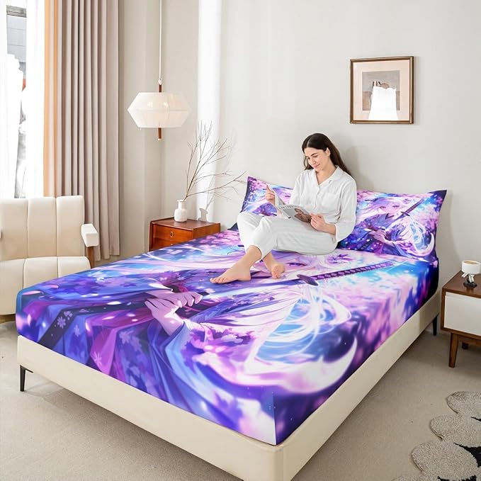 Erosebridal Anime Girl Full Bedding Set for Kids, Kawaii Japanese Anime Fitted Sheet Cartoon Girl Bed Sheets Sci Fi Style Japanese Animation Sheets for Kids Girls Teens Adult Bedroom