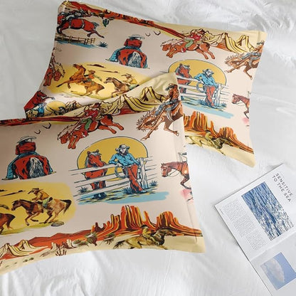 Comforter Set Twin Size, Western Cowboy Retro 5 Pcs Bedding for Kids and Adults, Vintage Horse Cowgirl Bed Sheet Sets with Fitted Sheet Pillowcase & Sham for Bedroom Bed Decor