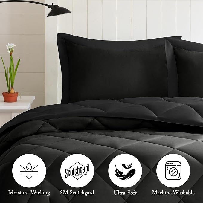Madison Park Comforter Set, Reversible Down Alternative All Season Microfiber Bedding, 3M Scotchgard Stain Release, King Dorm Comforter, Black/Black