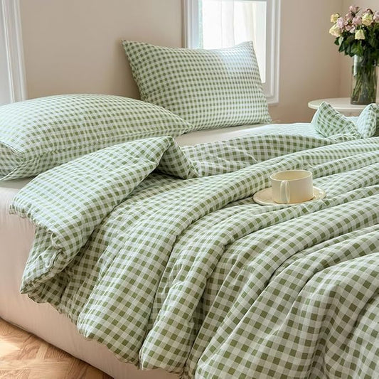 NSNLGSGC Sage Green Gingham Cotton Comforter Set King, 100% Washed Cotton Green Plaid Checked Comforter Bedding, 3 Pieces Vintage Farmhouse Grid Bedding Set(Sage Green Gingham, King)