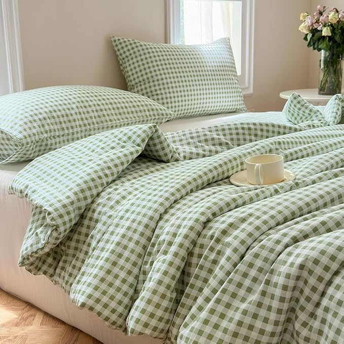 NSNLGSGC Sage Green Gingham Cotton Comforter Set Queen, 100% Washed Cotton Green Plaid Checked Comforter Bedding, 3 Pieces Vintage Farmhouse Grid Bedding Set(Sage Green Gingham, Queen)