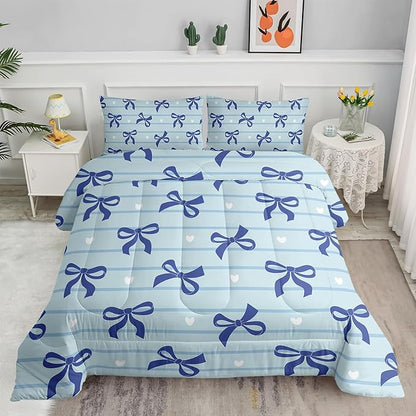 3Pcs Bow Bedding for Girls,Blue Bowknot and White Love Heart Printed Bedding Set Queen Size,Blue Striped Comforter for Teens Boys Girls,Kawaii Cartoon Comforter Set 1 Quilt 2 Pillowshams