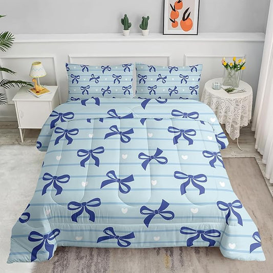 3Pcs Bow Bedding for Girls,Blue Bowknot and White Love Heart Printed Bedding Set Full Size,Blue Striped Comforter for Teens Boys Girls,Kawaii Cartoon Comforter Set 1 Quilt 2 Pillowshams