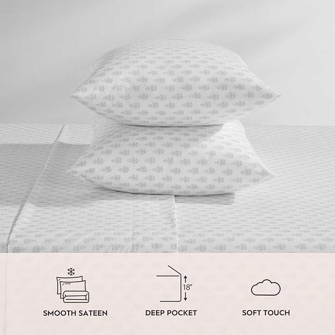 Laura Ashley - King Sheets, Lightweight & Breathable Cotton Percale Bedding Set with Matching Sham(s), Oeko-Tex Certified (Francesca Grey, King)