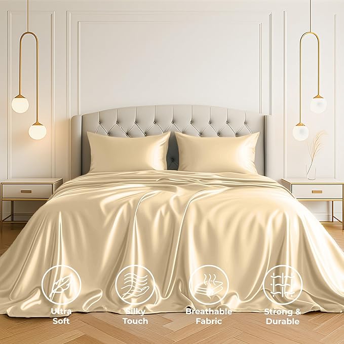 Satin Sheets Twin [3-Piece, Ivory] Hotel Luxury Silky Bed Sheets - Extra Soft 1800 Microfiber Sheet Set, Wrinkle, Fade, Stain Resistant - Deep Pocket Fitted Sheet, Flat Sheet, Pillow Cases