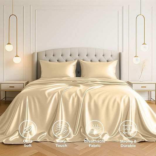 Satin Sheets Twin [3-Piece, Ivory] Hotel Luxury Silky Bed Sheets - Extra Soft 1800 Microfiber Sheet Set, Wrinkle, Fade, Stain Resistant - Deep Pocket Fitted Sheet, Flat Sheet, Pillow Cases