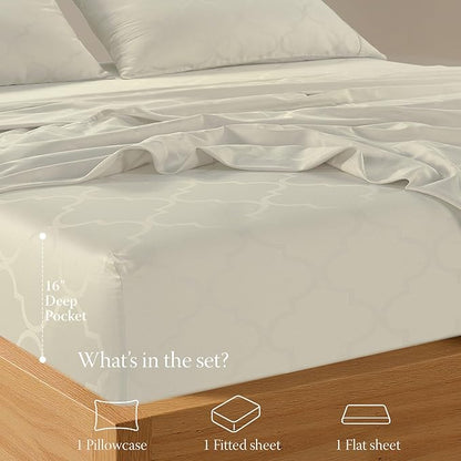 Threadmill Cotton Twin Sheet Set | 100% Cotton Sheets for Twin Size Bed | Damask Jacquard Sateen Twin Bed Sheets Set with 16” Deep Pocket | Soft Breathable 3-Piece Cooling Sheet Set | Ivory