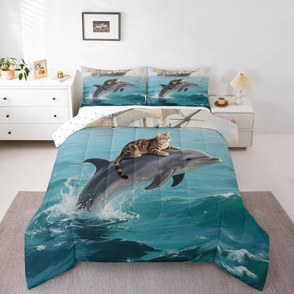 Erosebridal Kawaii Cat Comforter Set King Size Dolphin Quilt Insert for Kids Girls Boys Cute Kitten Sea Waves Natural Ocean Blue Yellow Comforter Warm Soft Bedding Set