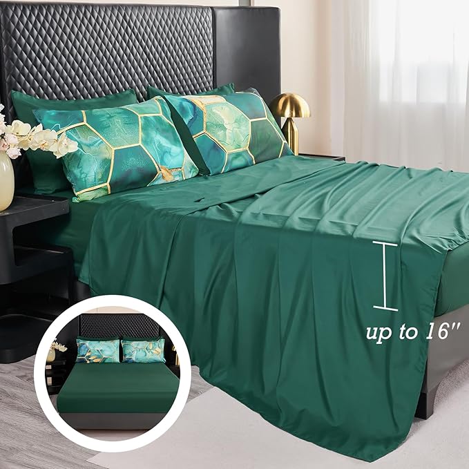 ANGIYUIN 7Pcs Turquoise Green Marble California King Size Bedding Comforter Set Gold Honeycomb Watercolor Printed Comforter Set Luxury Foil Print Bedding Sets for Women Men(Cal-King Teal Green)