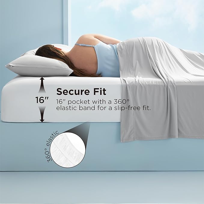 Bedsure Cooling Fitted Sheet Queen Size for Hot Sleeper, Queen Fitted Sheet Only with 360° Elastic Band, Q-Max 0.4, Temperature Regulation Bedding for Night Sweats, 16" Deep (up to 18"), White