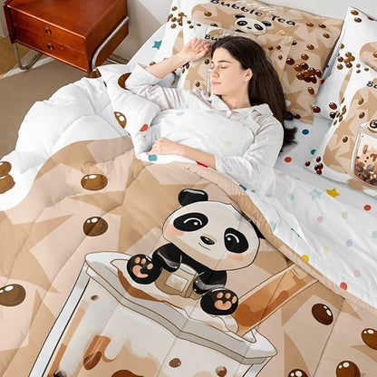 Cartoon Bubble Milk Tea 7 Pcs Bedding Sets Cute Panda Wild Animal Comforter Set for Kids Boys Girls Teens All Season (Comforter,Flat Sheet,Fitted Sheet,2 Pillowcases,2 Pillow Covers) Queen Size
