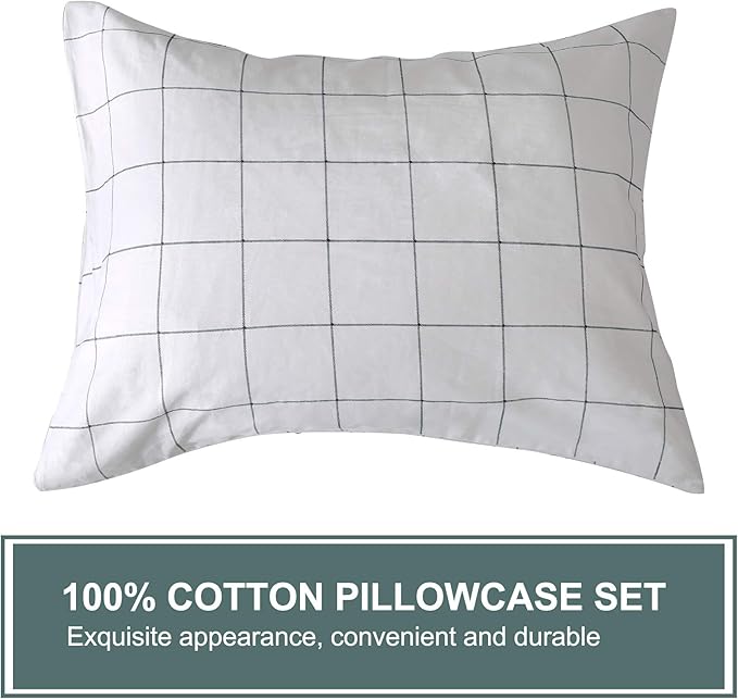 JELLYMONI 100% Natural Cotton 3pcs Plaid Duvet Cover Sets,White with Black Grid Geometric Pattern Printed Comforter Cover,with Zipper Closure & Corner Ties(King Size)